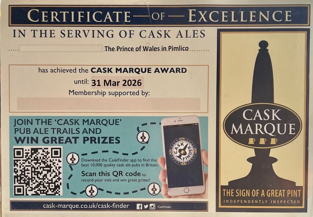 Certificate of excellence for their outstanding beers, ciders, craft beers and larger, at the Prince of Wales Pimlico, London,SW1.